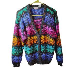 L Vintage Ivy Colorful Snowflake Chunky Knit Boho Sweater Cardigan 80s 90s Retro